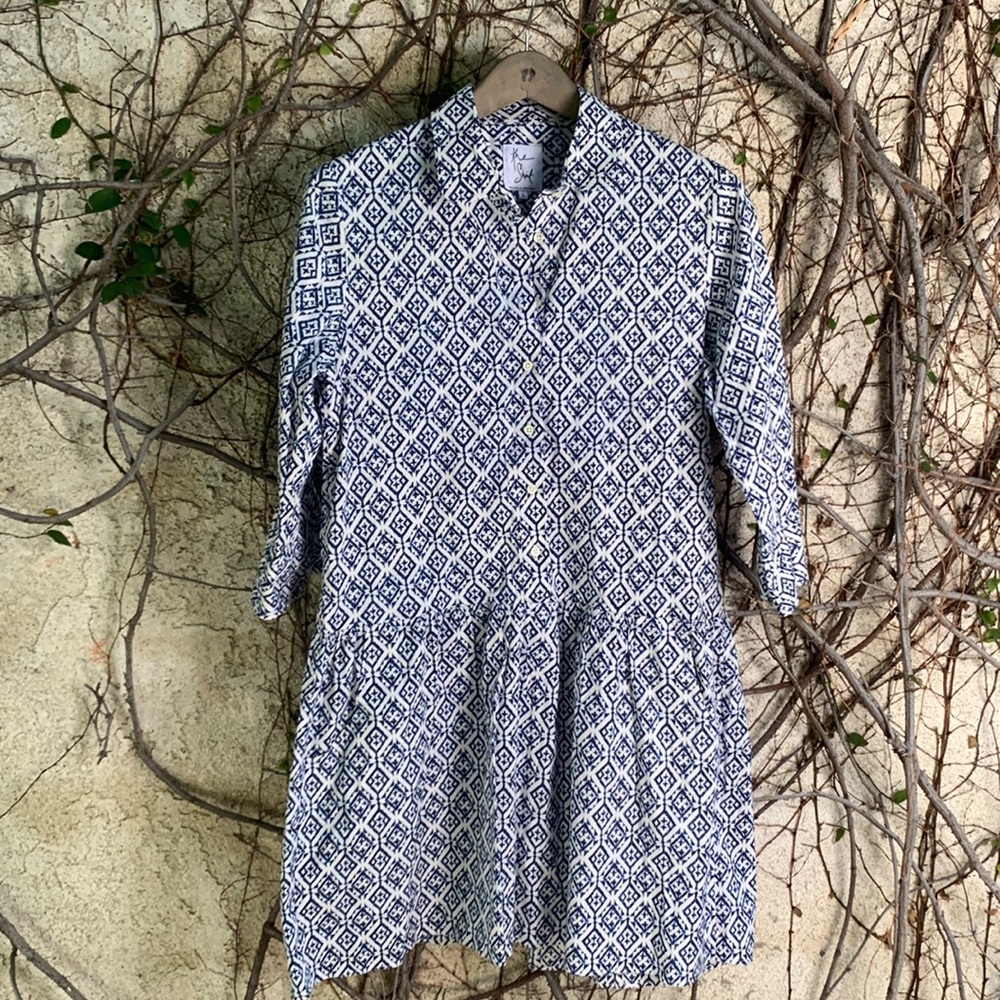 The Shirt by Rochelle Behrens Navy and White Geometric Dress